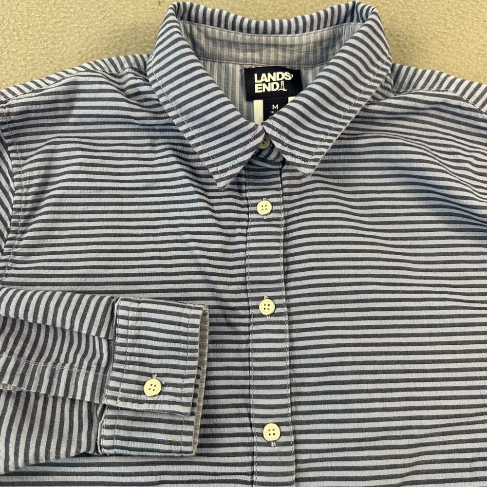 Lands End Womens Seersucker Button Down Shirt Blue White Striped Size M 10-12